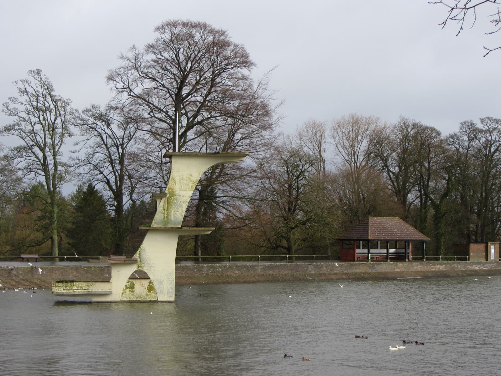 The listed 1930s diving platform at Coate Water Country Park, Swindon